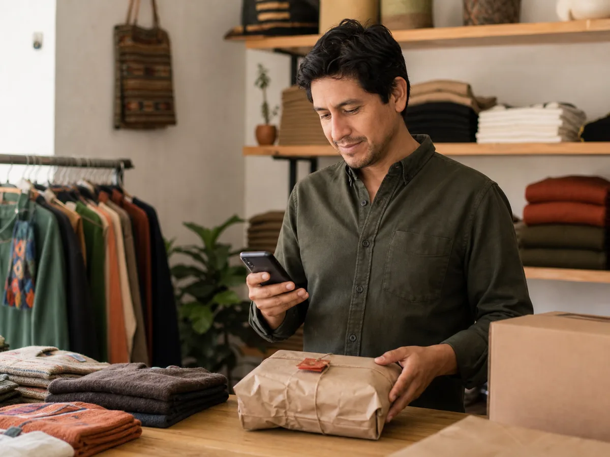 Emprendedor preparando una venta de ropa y revisando su celular