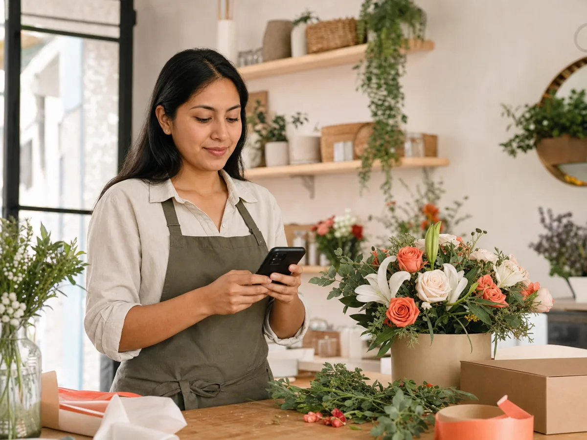 Emprendedora revisando pedidos desde su celular en una florería